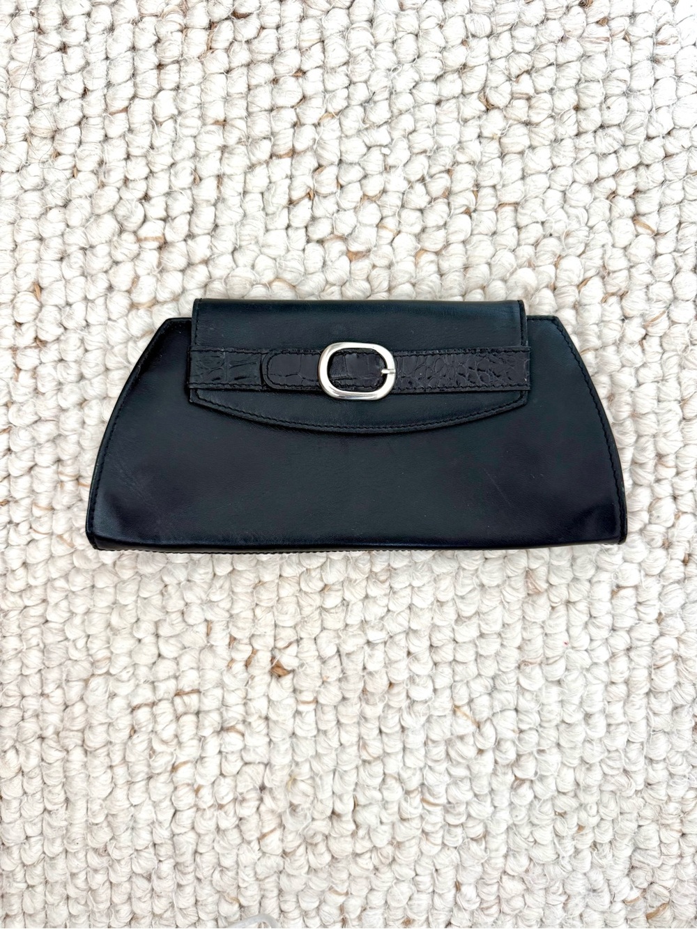 Vintage Fiori Black Leather Clutch with Silver Buckle and Black Croc Accent